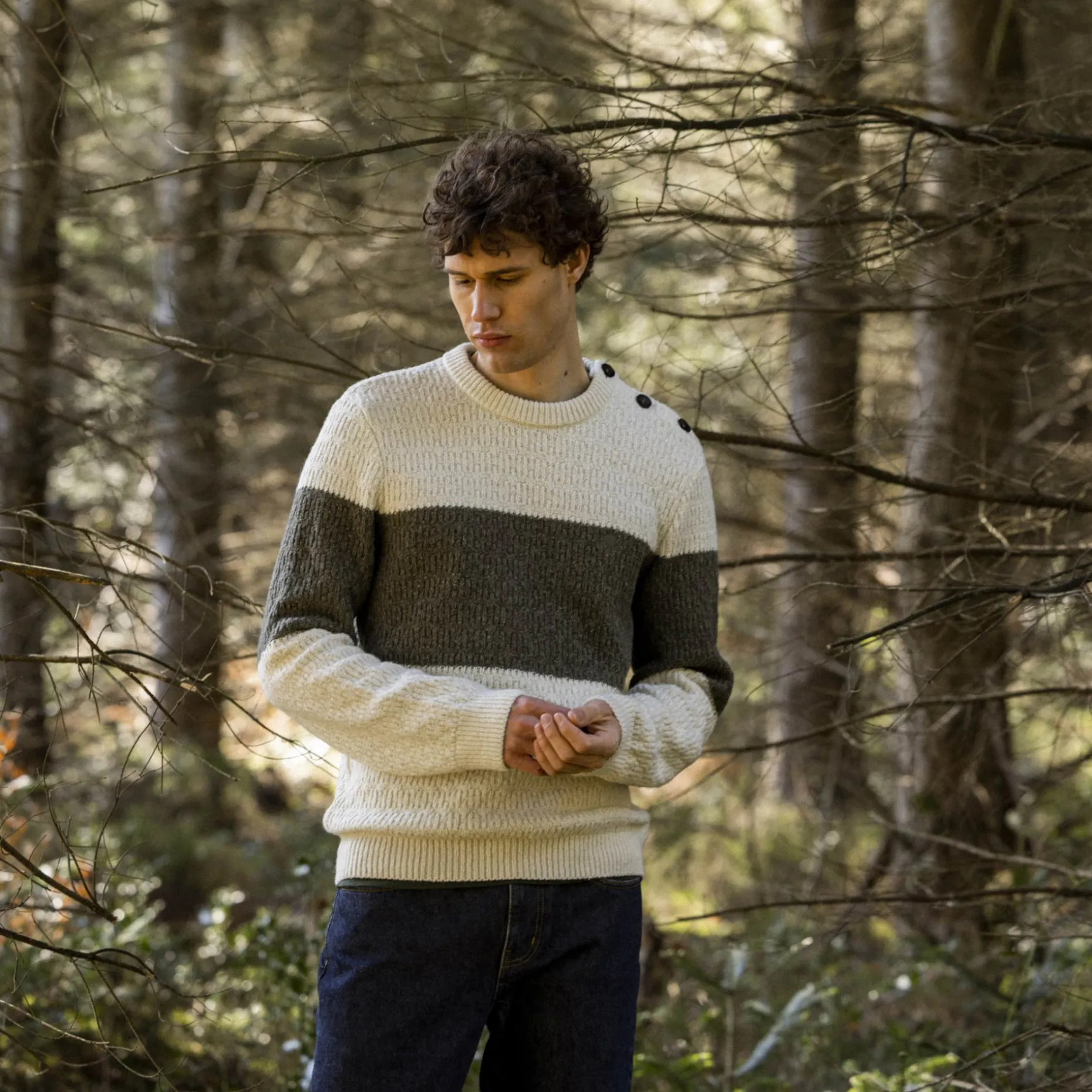 Pull Col Boutonne Ecru & Vert