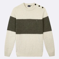 Pull Col Boutonne Ecru & Vert