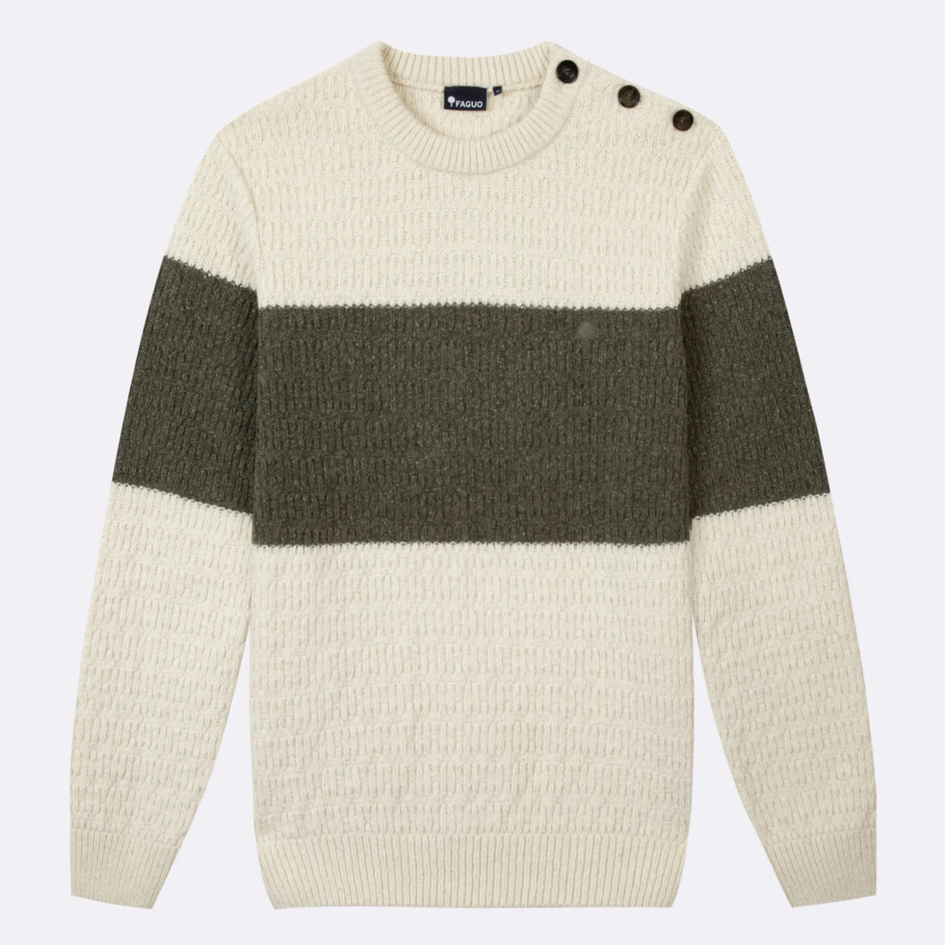 Pull Col Boutonne Ecru & Vert