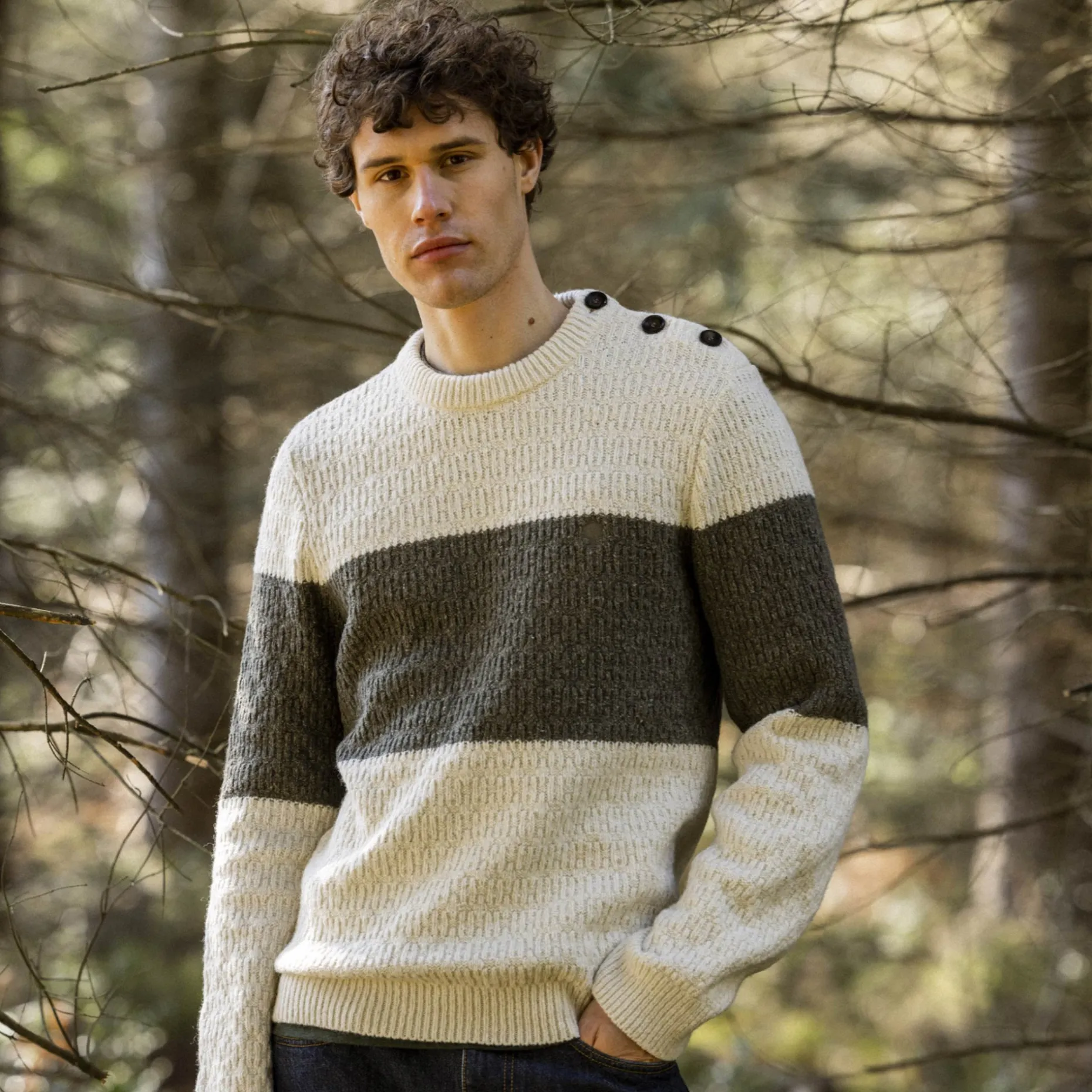 Pull Col Boutonne Ecru & Vert