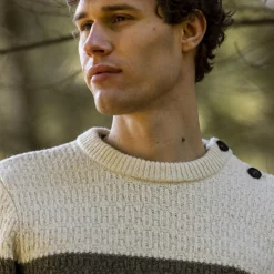 Pull Col Boutonne Ecru & Vert