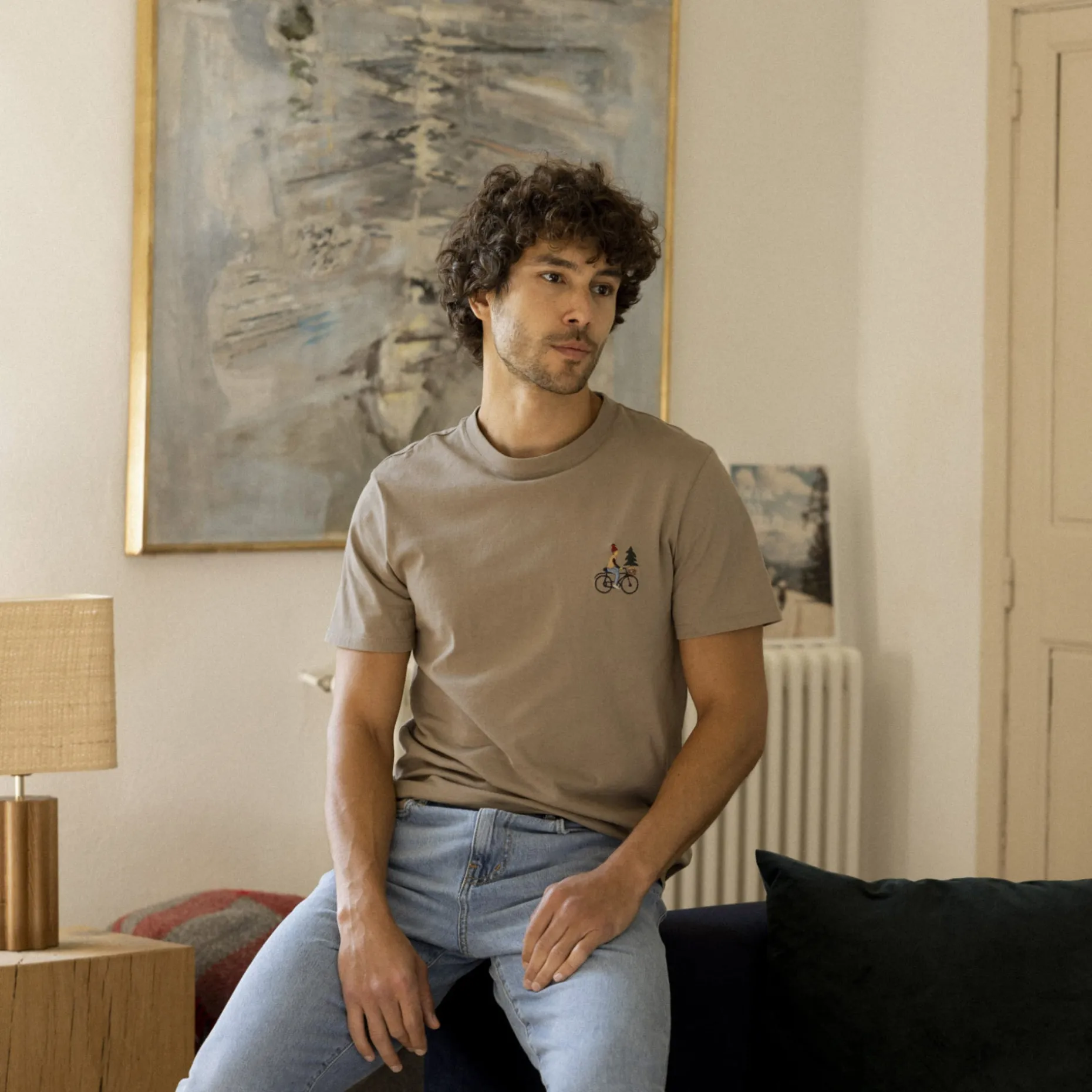 T-Shirt Col Rond Beige Clair Broderie Velo