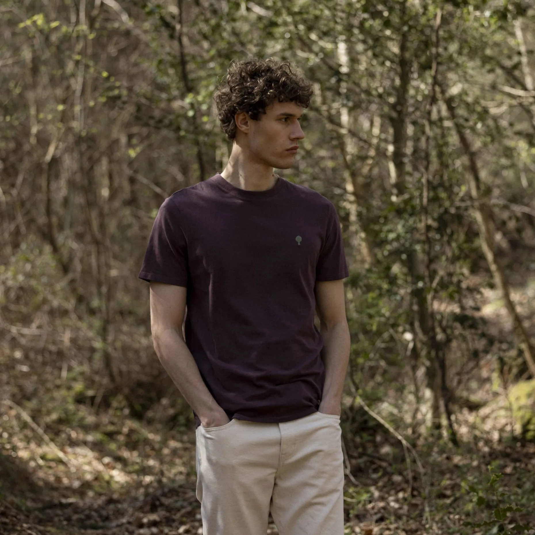 T-Shirt Col Rond Bordeaux Fonce Broderie Arbre